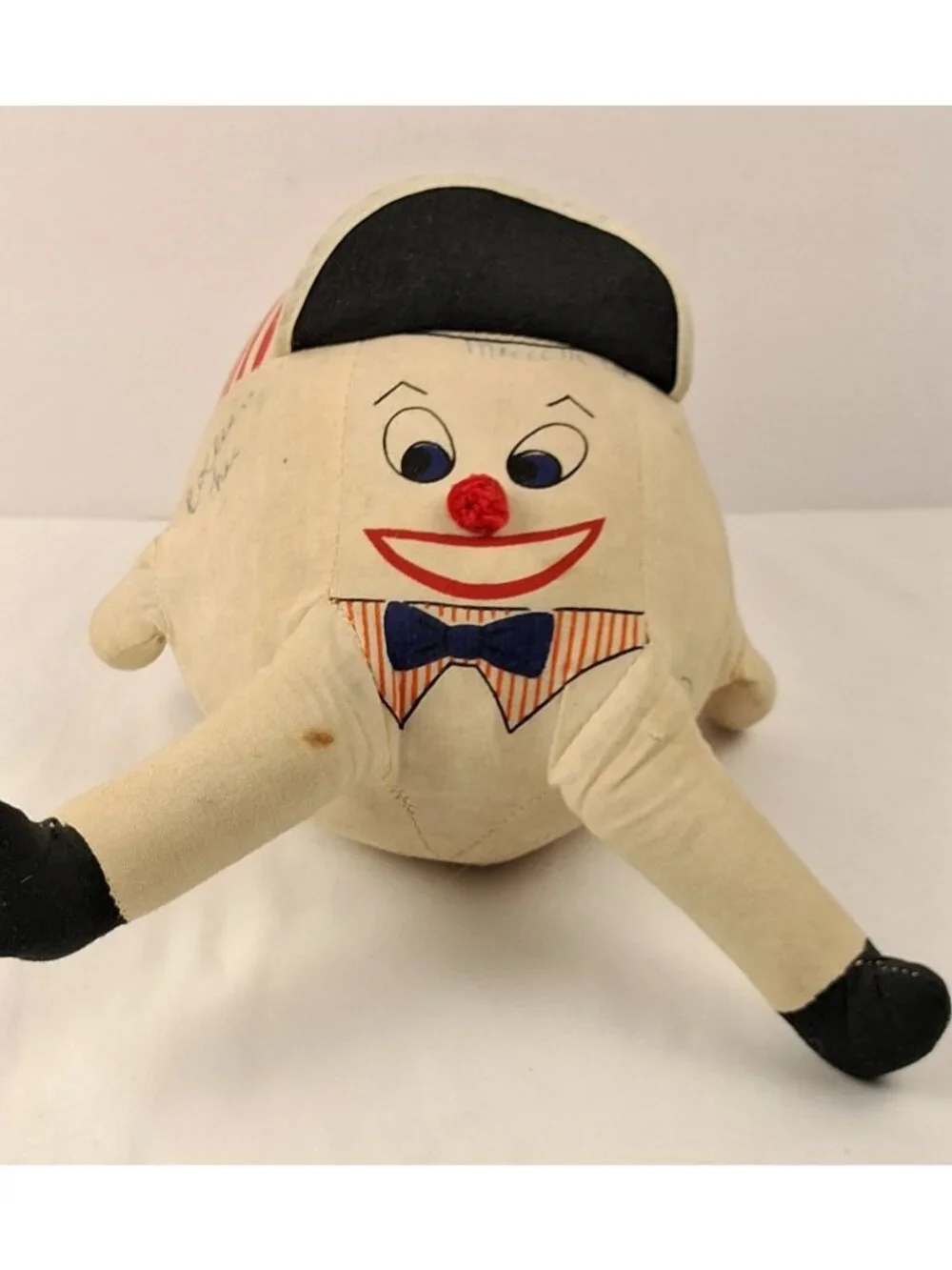 VTG Humpty Dumpty Cloth Doll W/ Red Striped Hat & Bow Tie 1940s Handmade Figure - Picture 4 of 15